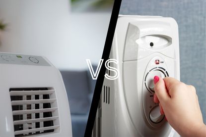 Left, a standing fan heater in a living room. Right, a hand adjusts the temperature on an oil heater