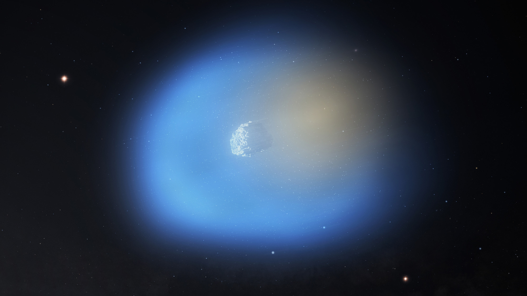A glow of blue light with a rocky comet in the middle against a dark background.