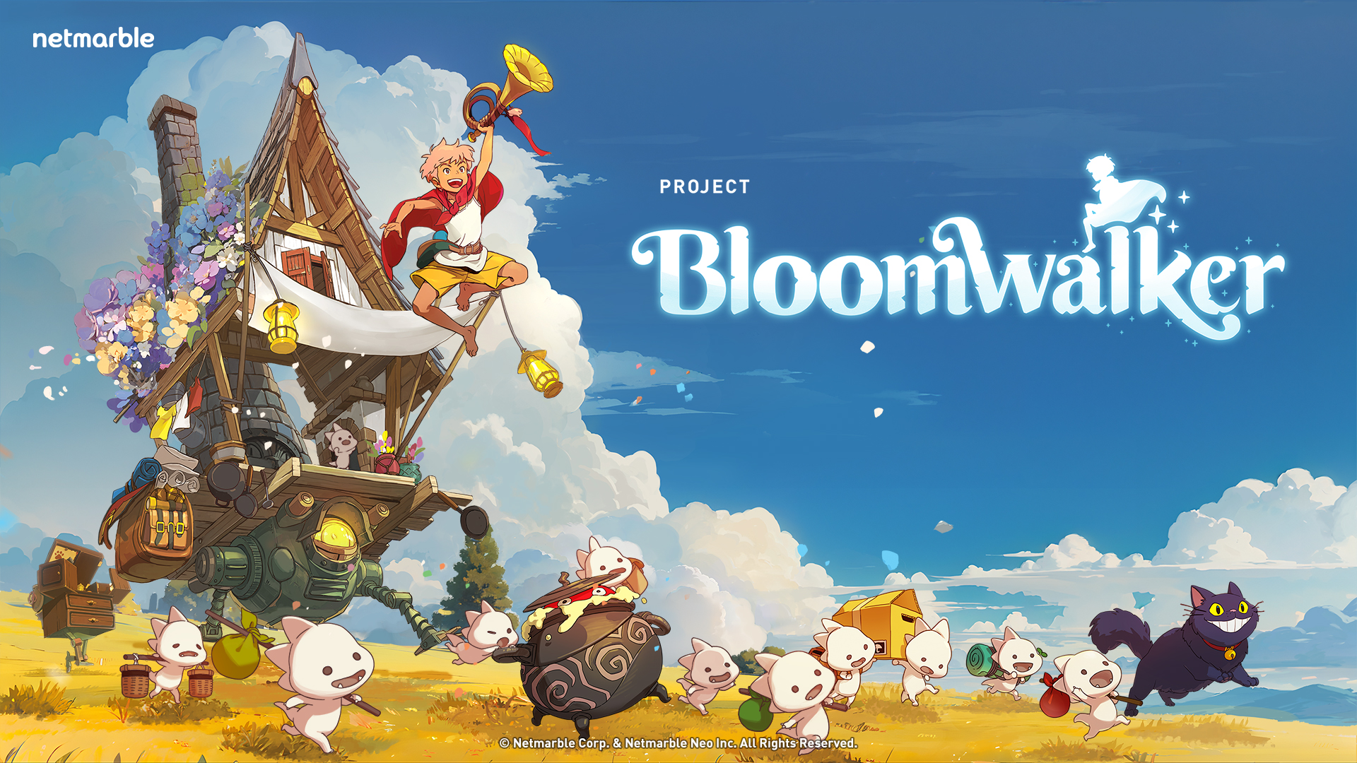 Project Bloomwalker artwork showing a colorful moving house, little marching creatures, and a cat