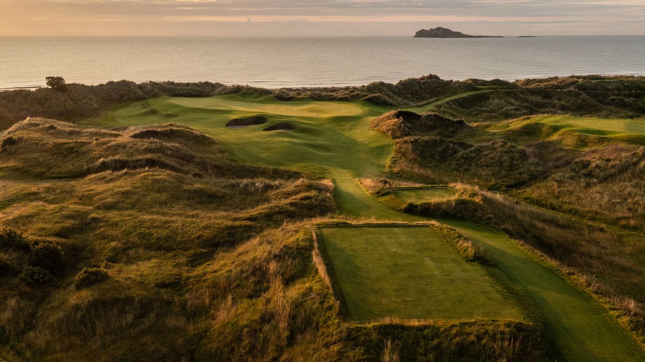 An aerial view of a par-3 at Portmarnock