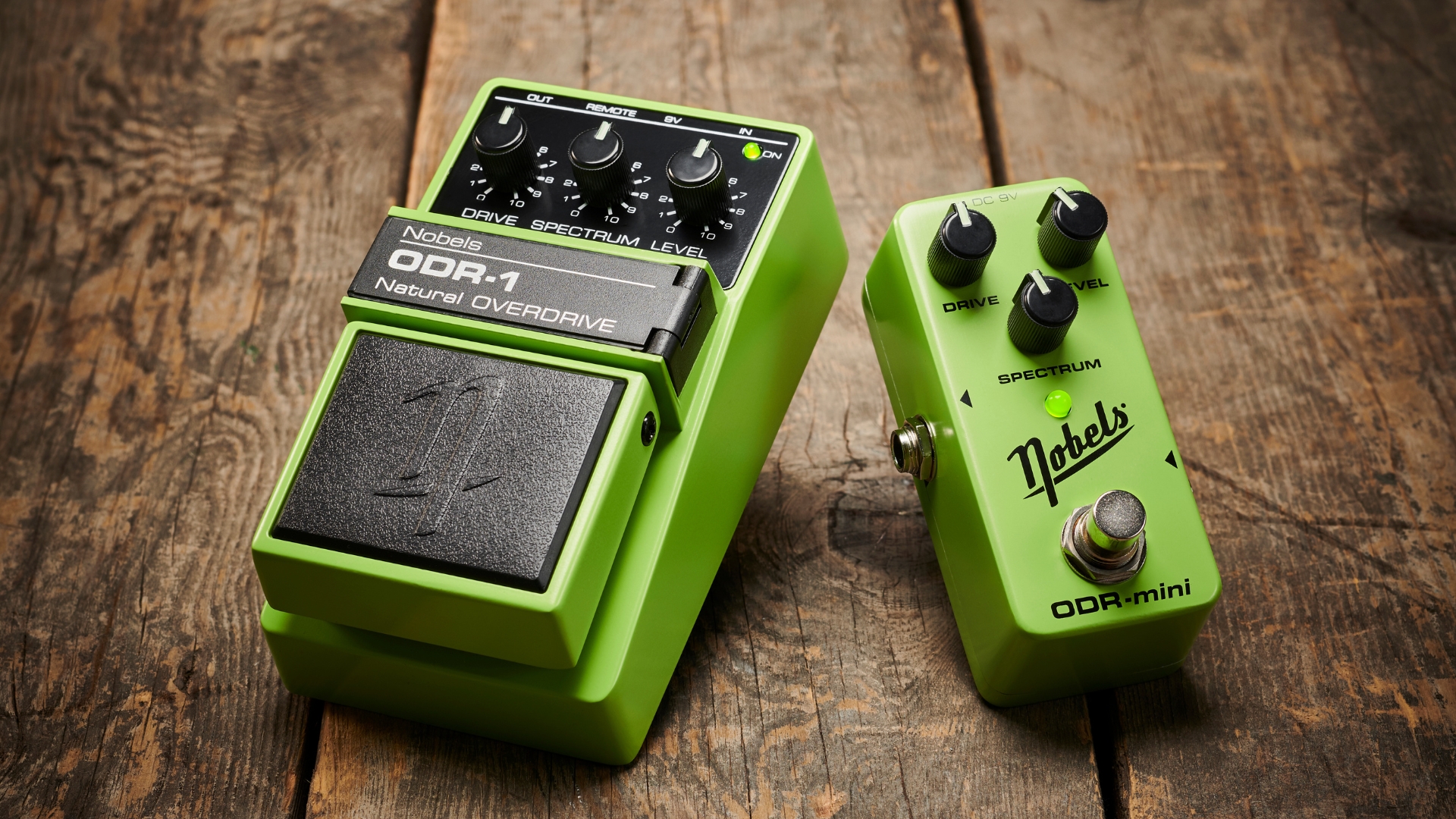 Two Nobels overdrive pedals on a wooden floor