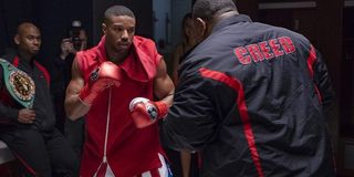 Creed II Michael B. Jordan striking a pre-fight pose during warming up.