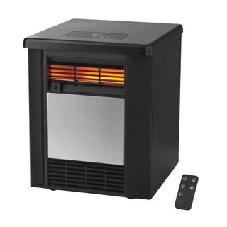 A black portable space heater with black remote control