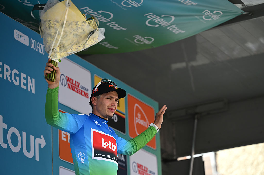 GERAARDSBERGEN, BELGIUM - AUGUST 22: Arnaud De Lie of Belgium and Team Lotto celebrates at podium as - Blue Leader Jersey winner during the 20th Renewi Tour 2025, Stage 3 a 181.8km stage from Aalter to Geraardsbergen / #UCIWT / on August 22, 2025 in Geraardsbergen, Belgium. (Photo by Luc Claessen/Getty Images)