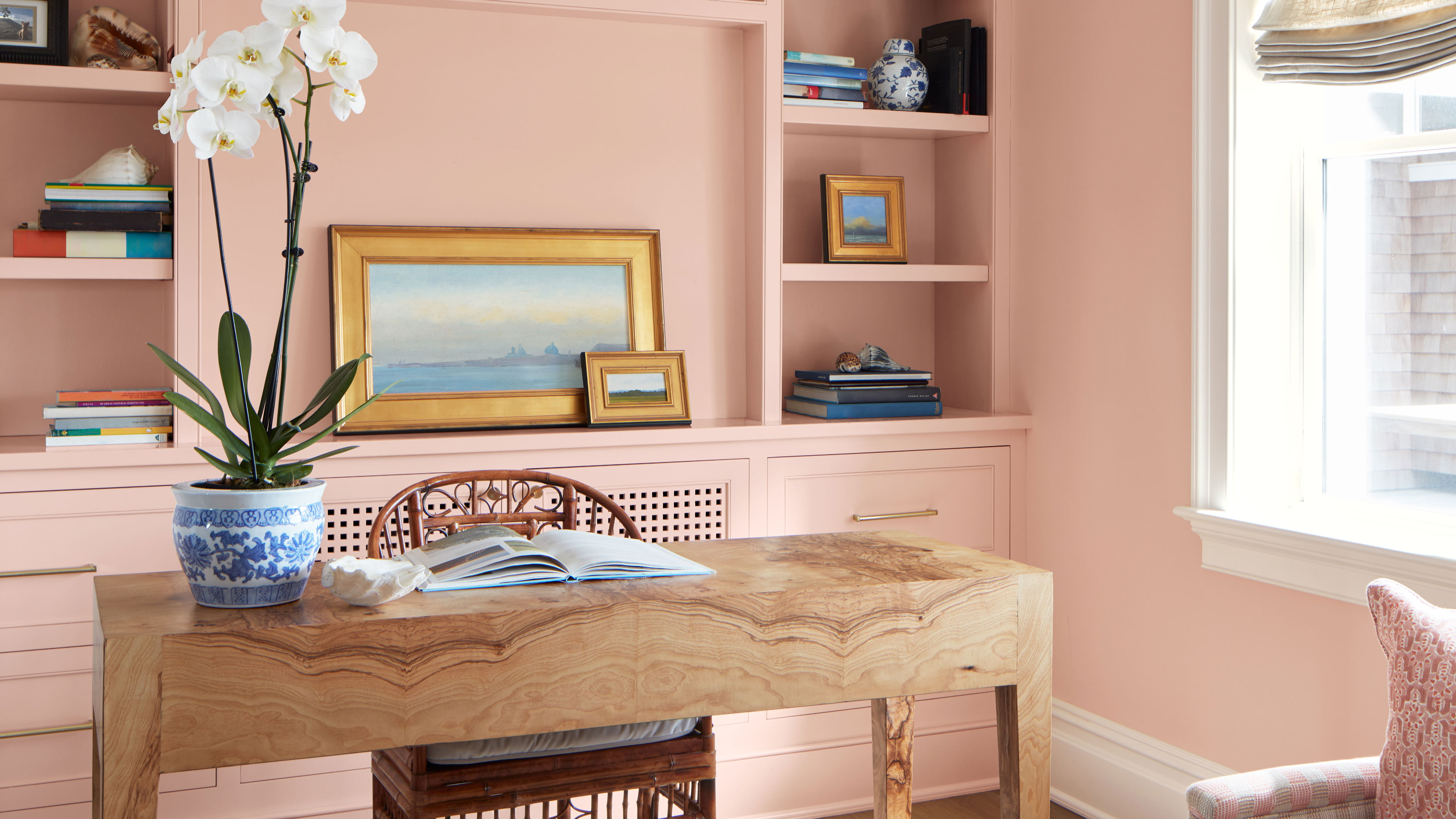 Home office painted in Benjamin Moore's Precocious 