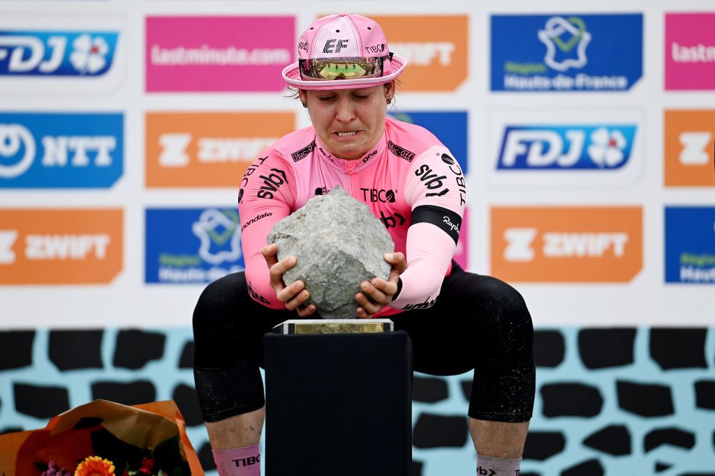 ROUBAIX FRANCE APRIL 08 Alison Jackson of Canada and Team EF EducationTibcoSvb celebrates at podium as race winner with the cobblestoneracetrophy during the 3rd ParisRoubaix Femmes 2023 a 1454km one day race from Denain to Roubaix UCIWWT on April 08 2023 in Roubaix France Photo by Tim de WaeleGetty Images