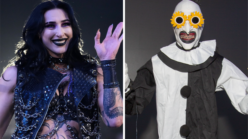 Rhea Ripley in 2025, and actor David Howard Thornton dressed as his Terrifier character Art the Clown in 2024