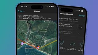 Two phones on a blue and green background showing the Photopills app planning page for the Perseids meteor shower