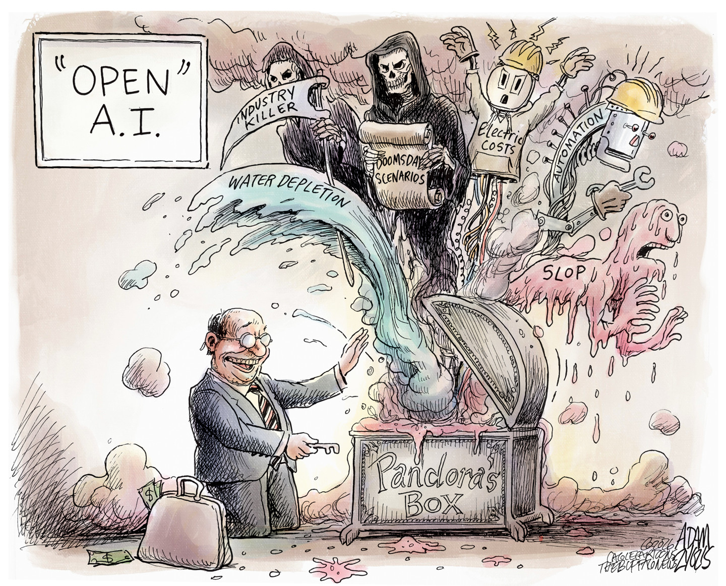 This cartoon is titled &amp;ldquo;OPEN&amp;rdquo; A.I. A man in a suit with a briefcase filled with money opens Pandora&amp;rsquo;s Box. Five terrible monsters emerge from the box that resemble the grim reaper and robotic skeletons. They are labeled Industry Killer, Water Depletion, Doomsday Scenarios, Electric Costs, Automation and Slop.