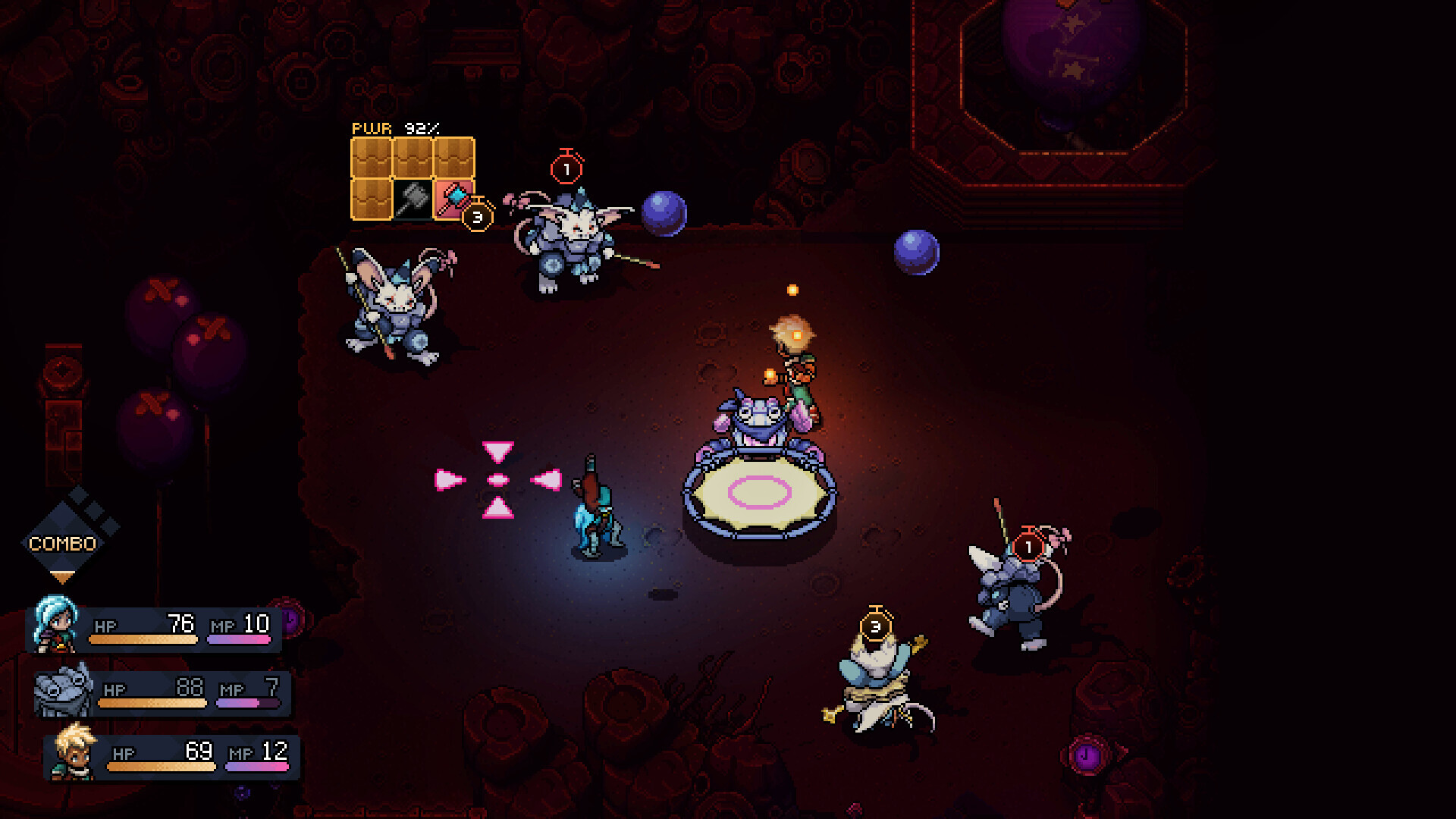 The player's party in Sea of Stars' Throes of the Watchmaker DLC fighting creatures in a dark room