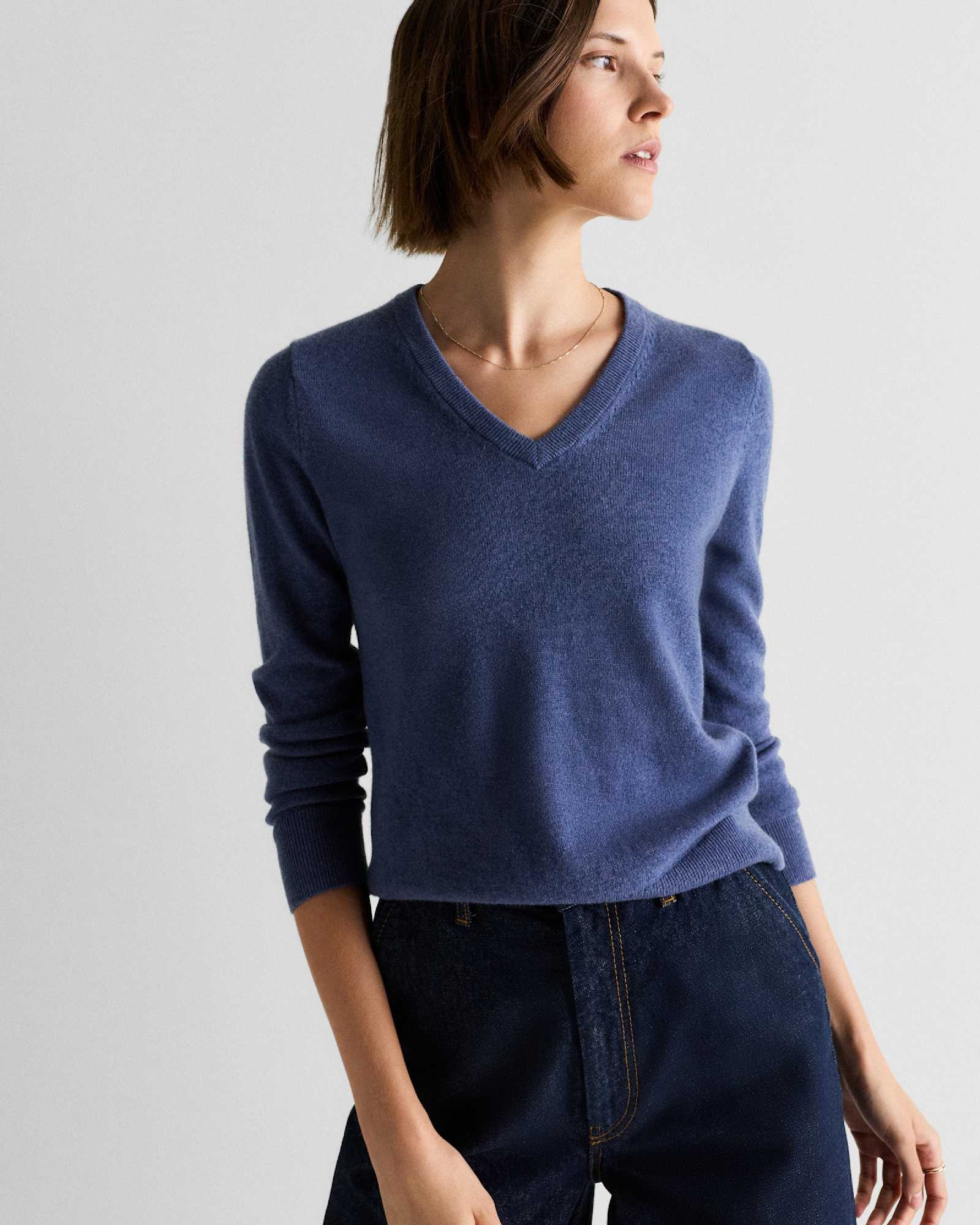 Quince, The Cashmere V-Neck Sweater | Quince in Heather Storm Blue
