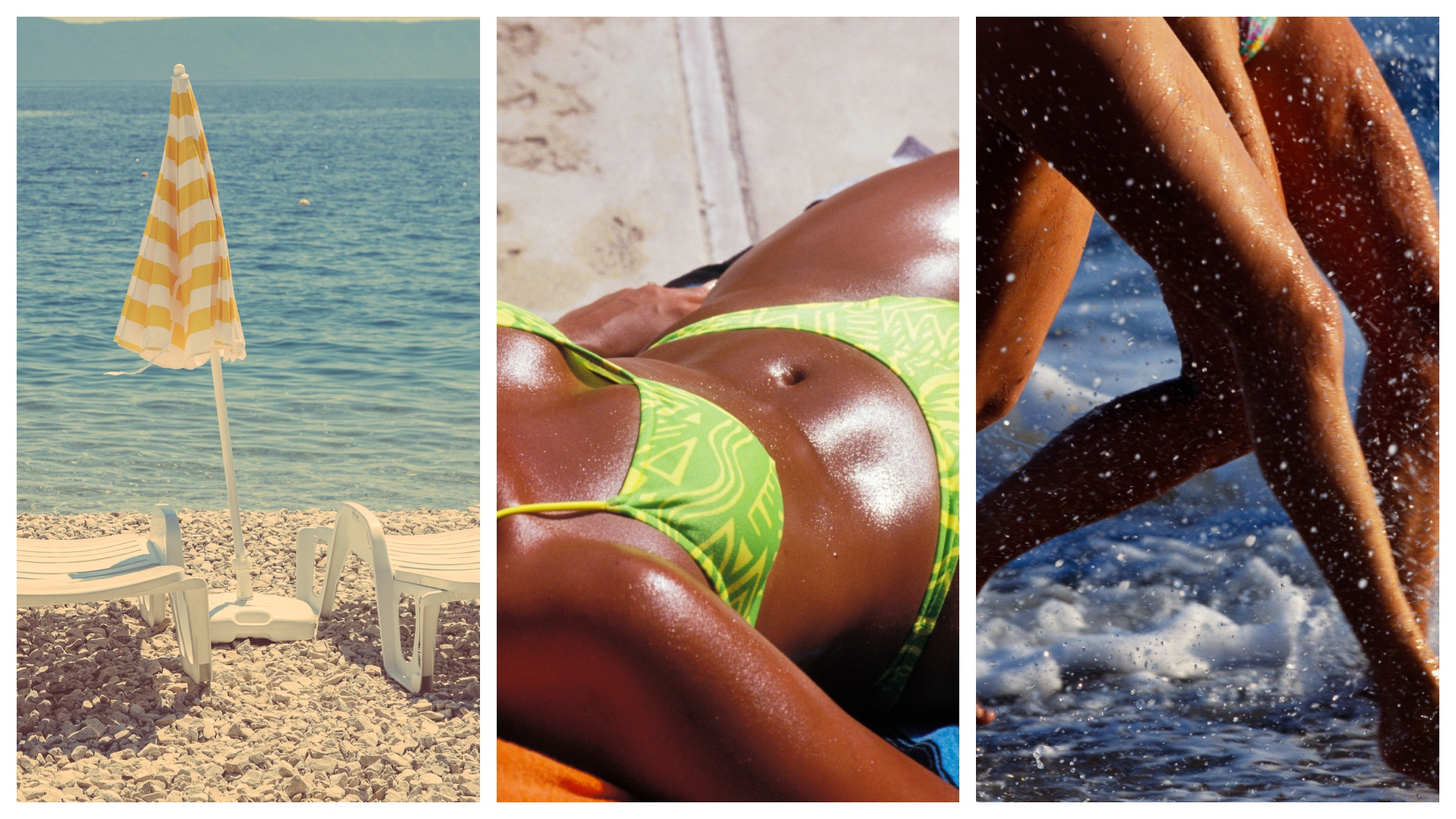 three photos, on the left is a rocky beach with white beach chairs, the middle is a tan woman in a green bikini, third are two sets of tan legs running in the ocean