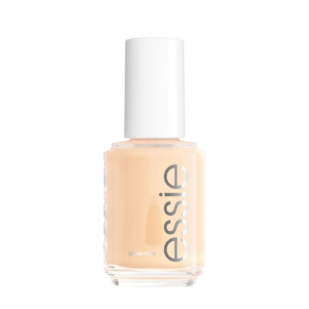 A product shot of the essie Glass Nails polish in Crystal Ball (a sheer, creamy yellow colour), on a white background