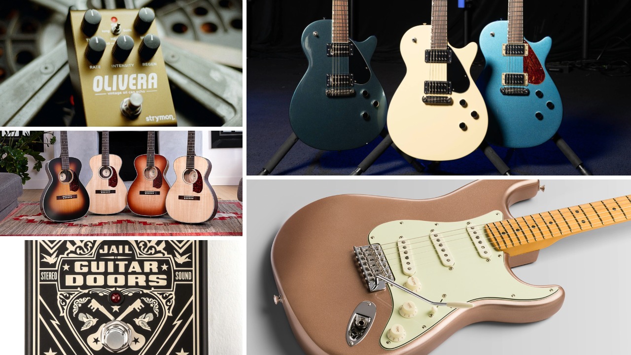 Strymon Olivera, Gretsch Jets, Guild acoustics, Fender American Professional Classic, MXR Jail Guitar Doors 