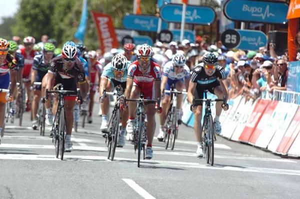 Oscar Freire (Katusha) beats Ciolek and Bennati to the line