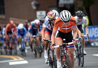 A Dutch cyclist chases an escape in the 2015 Womens World Road Championships