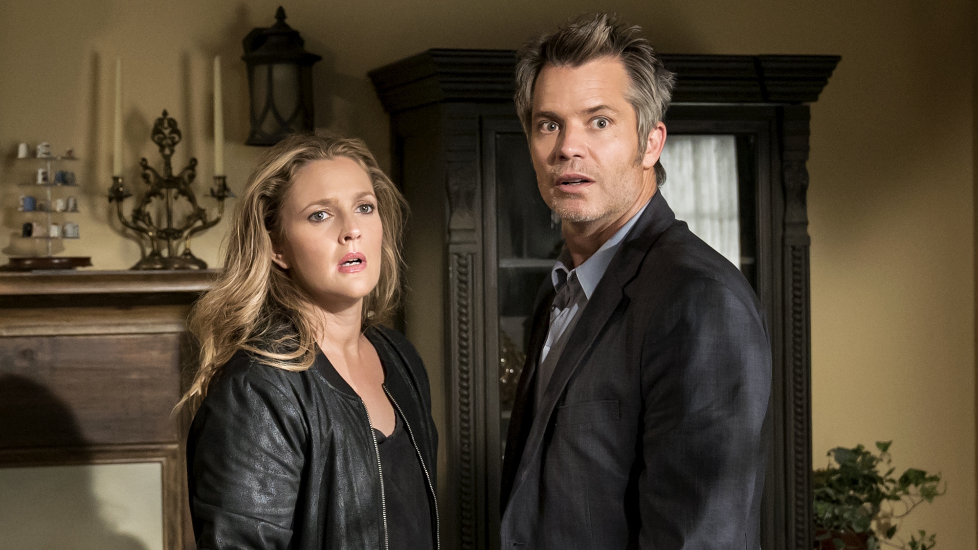 Drew Barrymore and Timothy Olyphant are shown on Santa Clarita Diet.