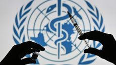 A syringe and vaccine held in front of the World Health Organization logo