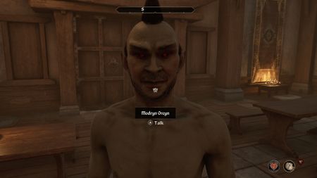 Modryn Oreyn in The Elder Scrolls 4: Oblivion Remastered standing with no top on