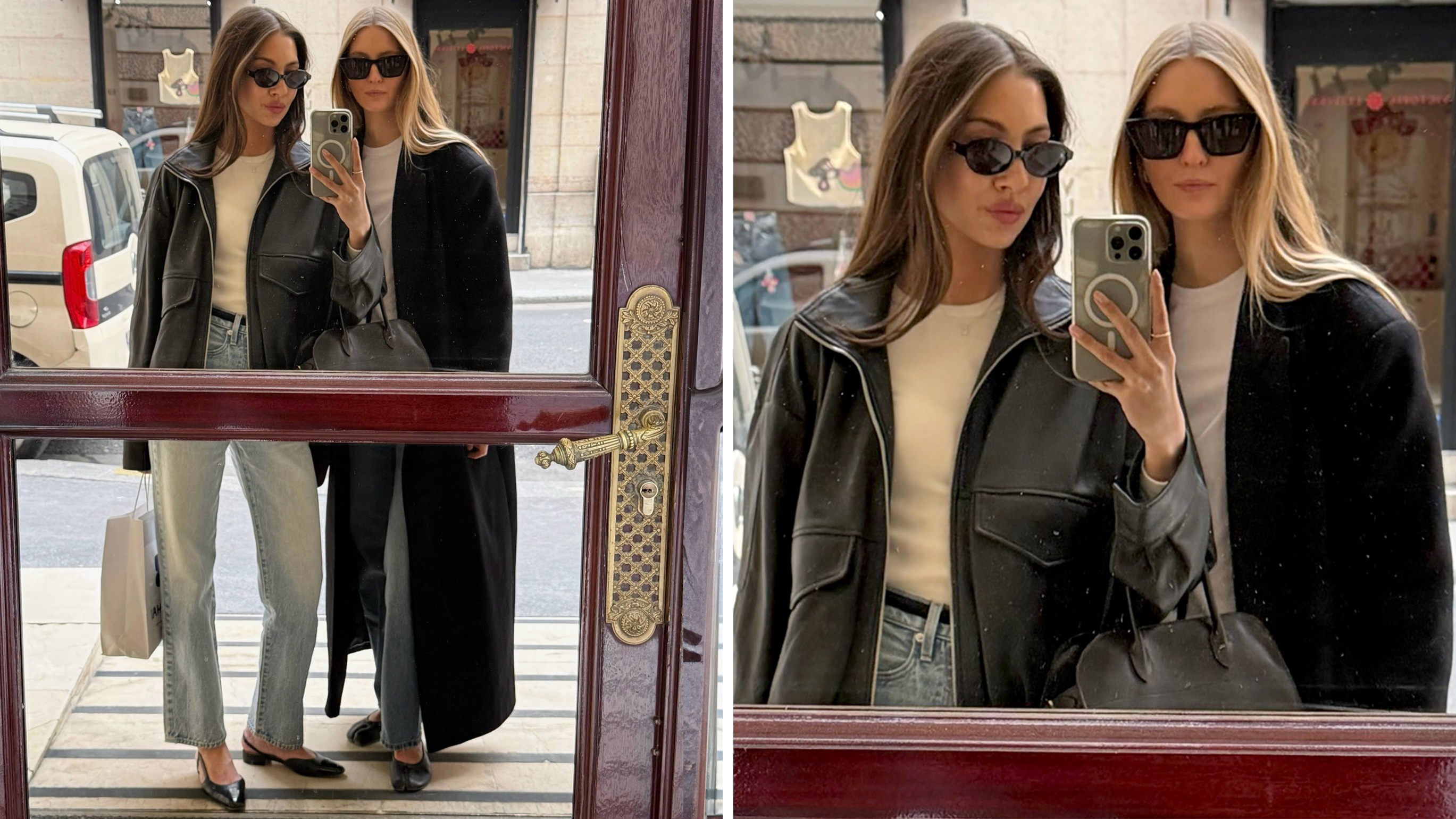 Style influencer Felicia Akerstrom and a friend pose for a mirror selfie in Paris wearing black sunglasses, a black jacket and coat, white T-shirts, straight leg jeans and black flats.