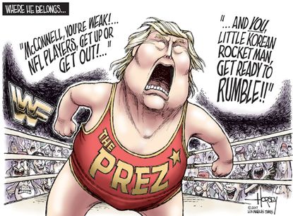 Political cartoon U.S. Trump wrestler McConnell NFL kneeling North Korea