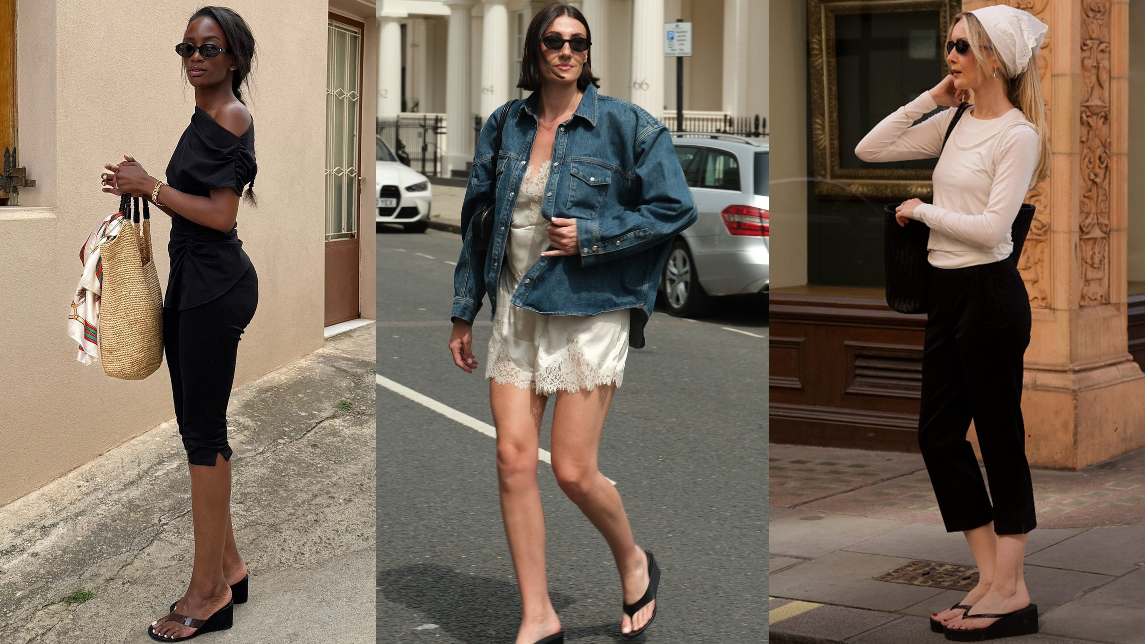 The sandal trend wedge flip-flops are shown in a collage of women's spring sandal outfits 