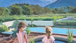 Paint brush stroke – oil painting of two girls overlooking mountain scene