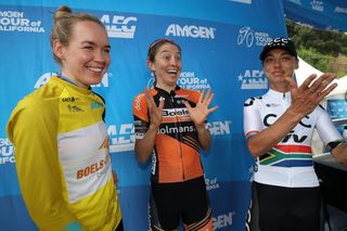 Anna van der Breggen, Katie Hall and Ashleigh Moolman-Pasio wait backstage at the Tour of California podium