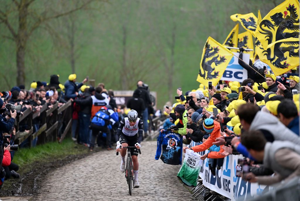 OUDENAARDE BELGIUM APRIL 02 Tadej Pogacar of Slovenia and UAE Team Emirates competes at Paterberg cobblestones sector during the 107th Ronde van Vlaanderen Tour des Flandres 2023 Mens Elite a 2734km one day race from Brugge to Oudenaarde UCIWT on April 02 2023 in Brugge Belgium Photo by Tim de WaeleGetty Images