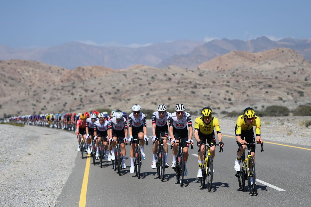 BIMMAH SINK HOLE OMAN FEBRUARY 08 LR Luca Giaimi of Italy and Team UAE Team Emirates XRG Steven Kruijswijk of Netherlands Olav Kooij of Netherlands and Team Visma Lease a Bike lead the peloton during the 14th Tour of Oman Stage 1 a 1777km stage from Bushar to Bimmah Sink Hole on February 08 2025 in Bimmah Sink Hole Oman Photo by Alex BroadwayGetty Images