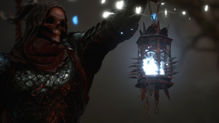 The Lamp Bearer, a warrior in skeletal armour, lifts up the Umbral Lamp - a ghastly item surrounded by glowing moths.
