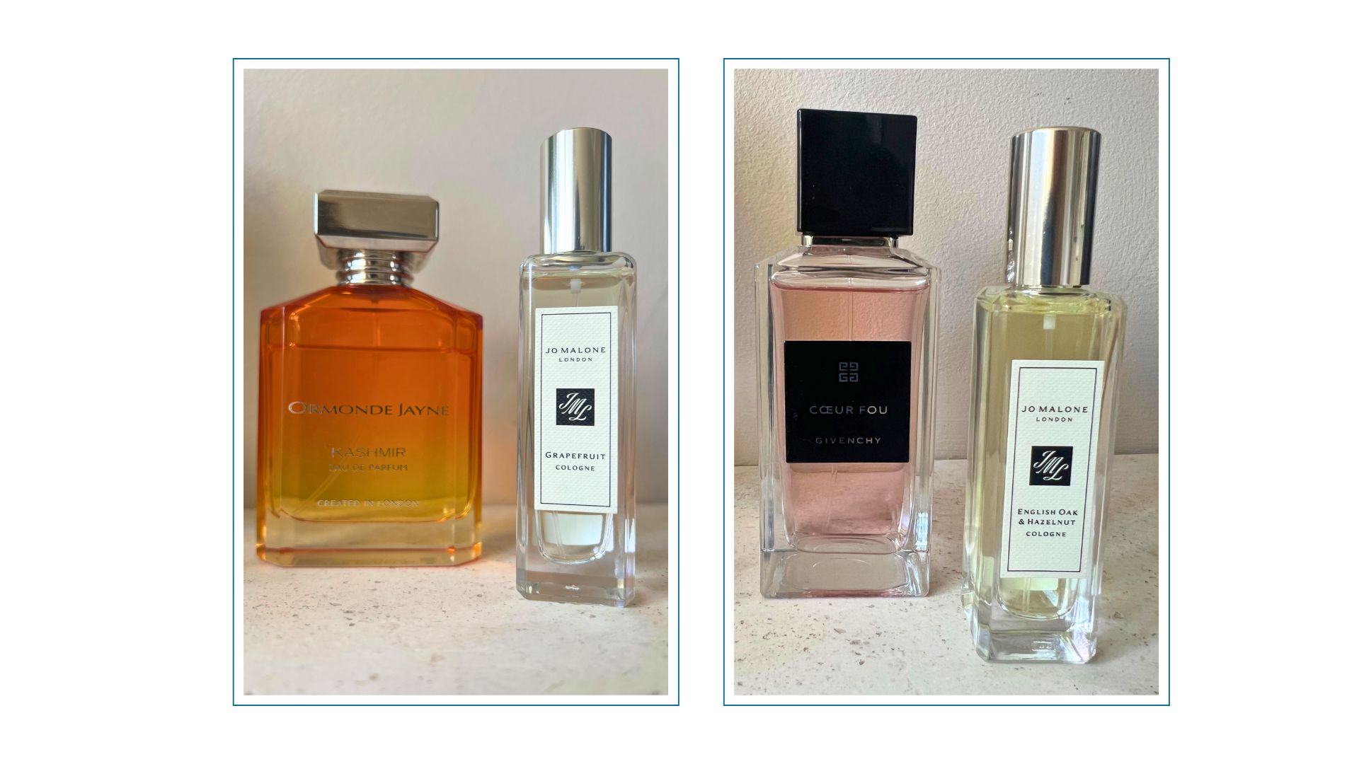 An image of ormonde jayne Kashimr fragrance next to jo malone grapeftui cologne, then an image of Givenchy Coeur Feu next to Jo Malone London English Oak and Hazelnut