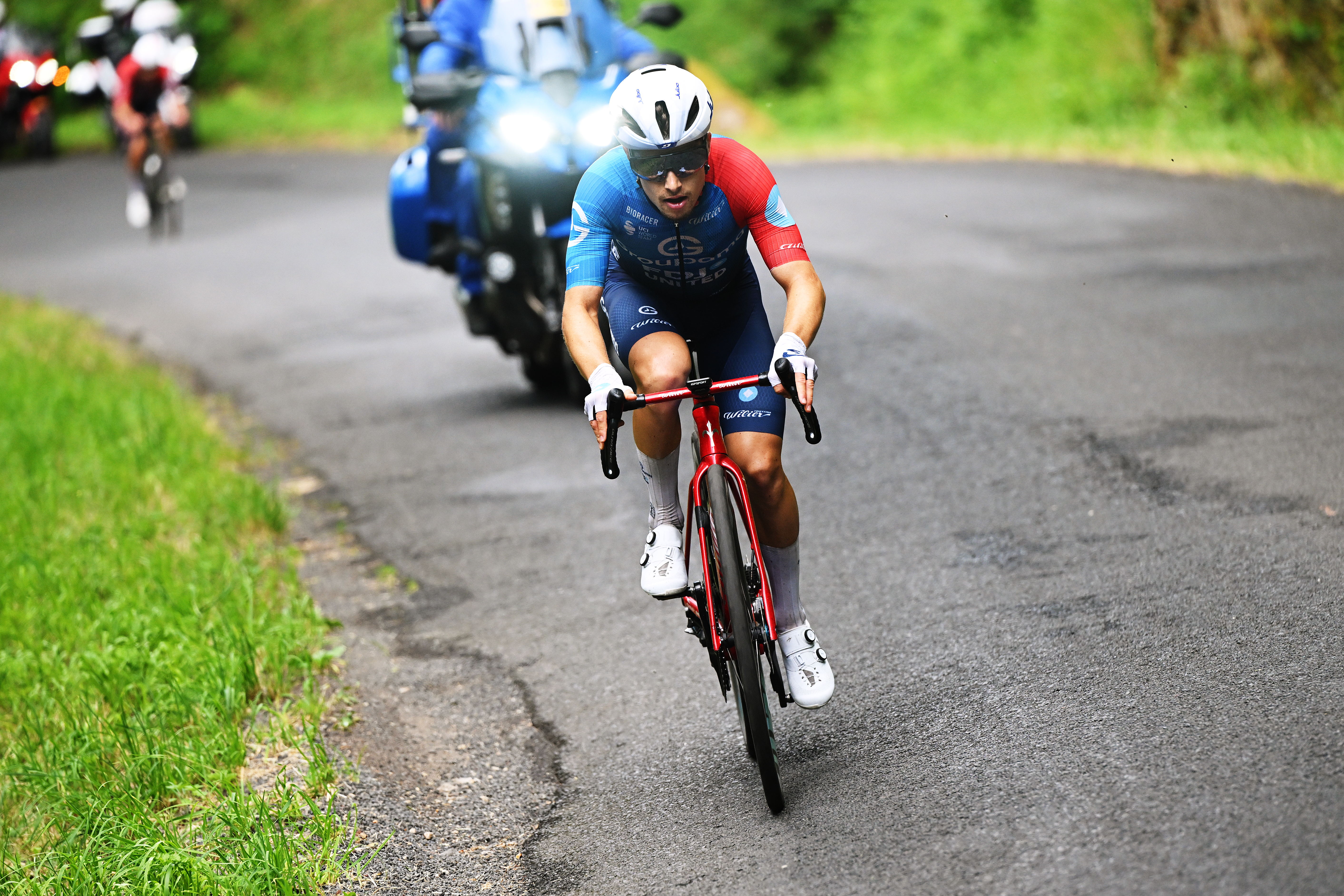 LE PUY-EN-VELAY, FRANCE - JUNE 08: Clement Braz Afonso of France and Team Groupama - FDJ United attacks in the breakaway during the 78th Tour Auvergne-Rhone-Alpes 2026, Stage 2 a 234.3km stage from Saint-Martin-le-Vinoux to Le Puy-en-Velay 624m / #UCIWT / on June 08, 2026 in Le Puy-en-Velay, France. (Photo by Dario Belingheri/Getty Images)