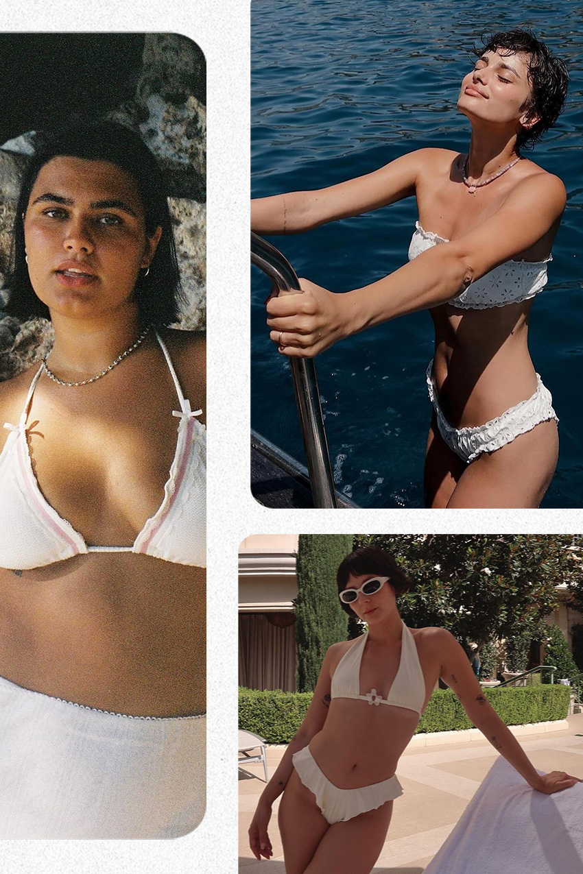 A collage of a woman wearing a white lace bikini with pink little bows, a woman wearing a white eyelet bikini, and a woman wearing a ruffled bikini.