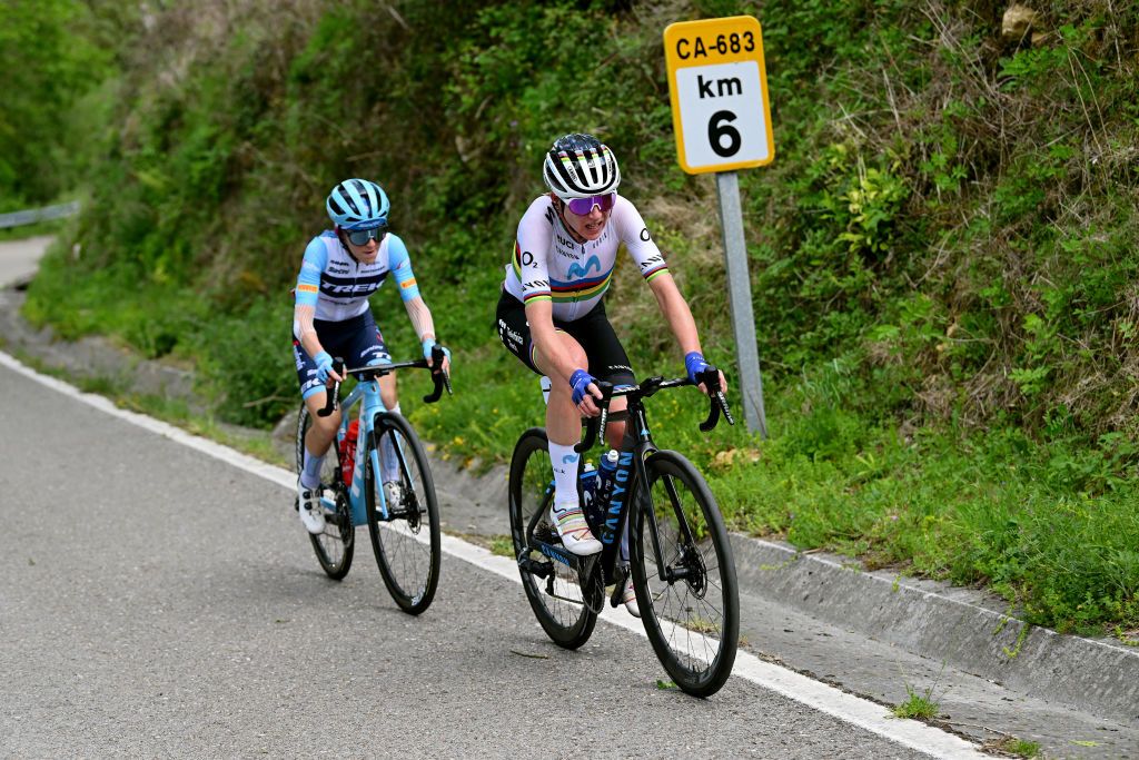 LAREDO SPAIN MAY 06 LR Gaia Realini of Italy and Team TrekSegafredo and Annemiek Van Vleuten of The Netherlands and Movistar Team compete in the breakaway during the 9th La Vuelta Femenina 2023 Stage 6 a 1061km stage from Castro Urdiales to Laredo UCIWWT on May 06 2023 in Laredo Spain Photo by Dario BelingheriGetty Images