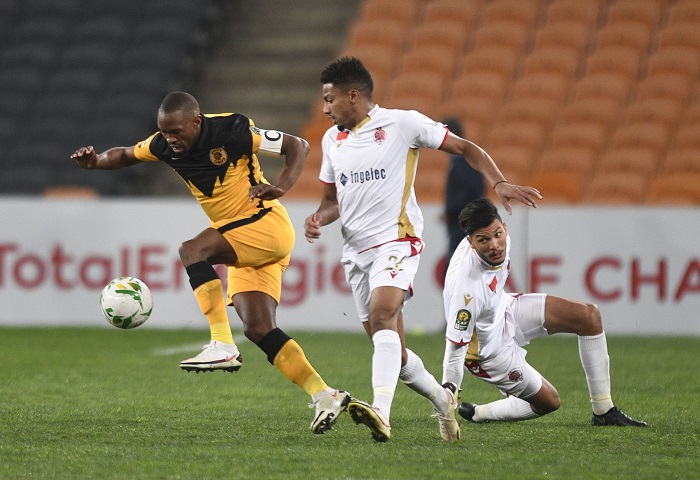 Bernard Parker of Kaizer Chiefs challenged by Ayoub El Amloud of Wydad Casablanca during the 2021 CAF Champions League Semi Final 2nd Leg match between Kaizer Chiefs and Wydad Casablanca on 26 June 2021 at the FNB Stadium
