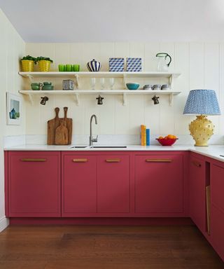 Dark pink kitchen with open shelving