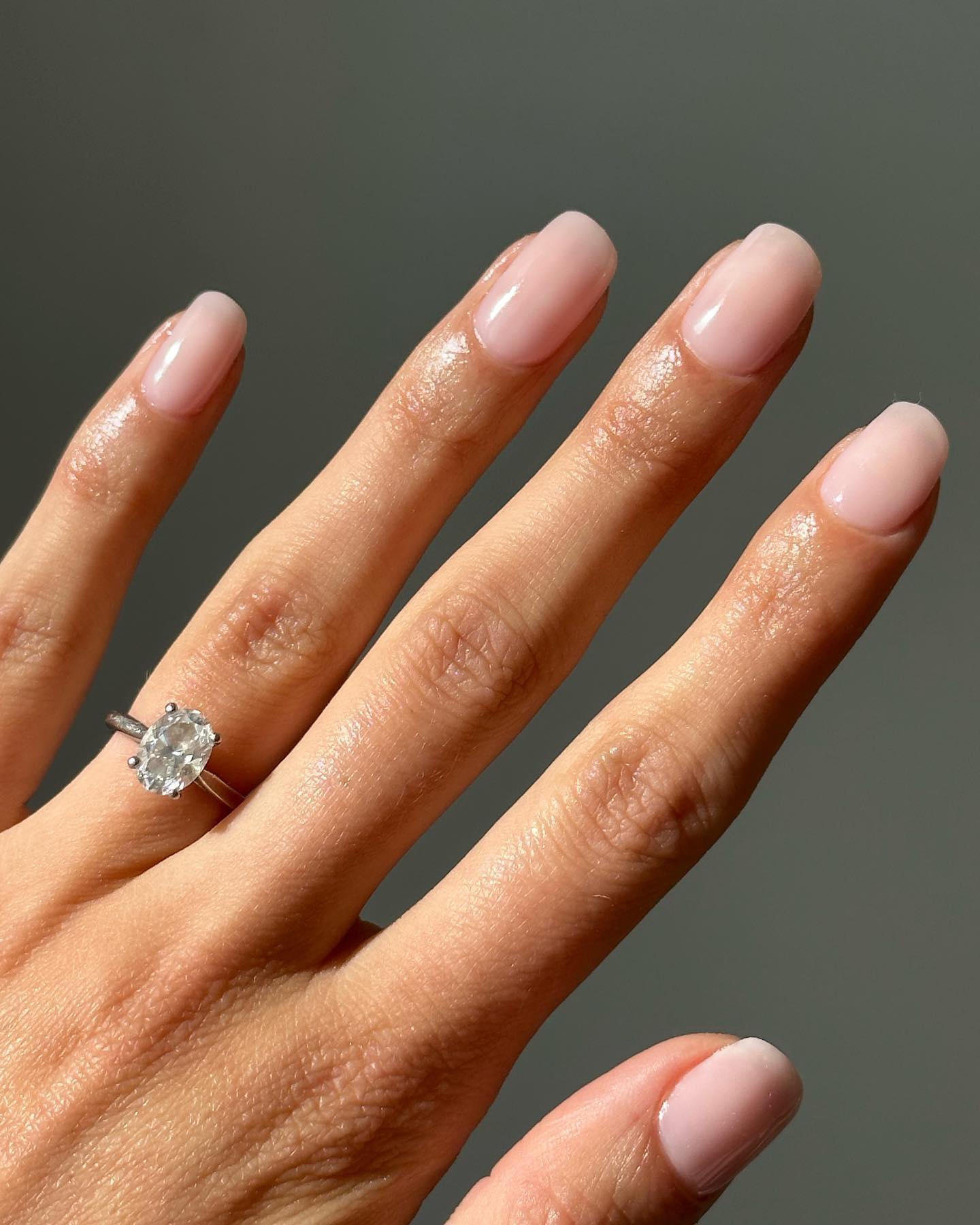 Sheer pink squoval nails on Marianne Smyth