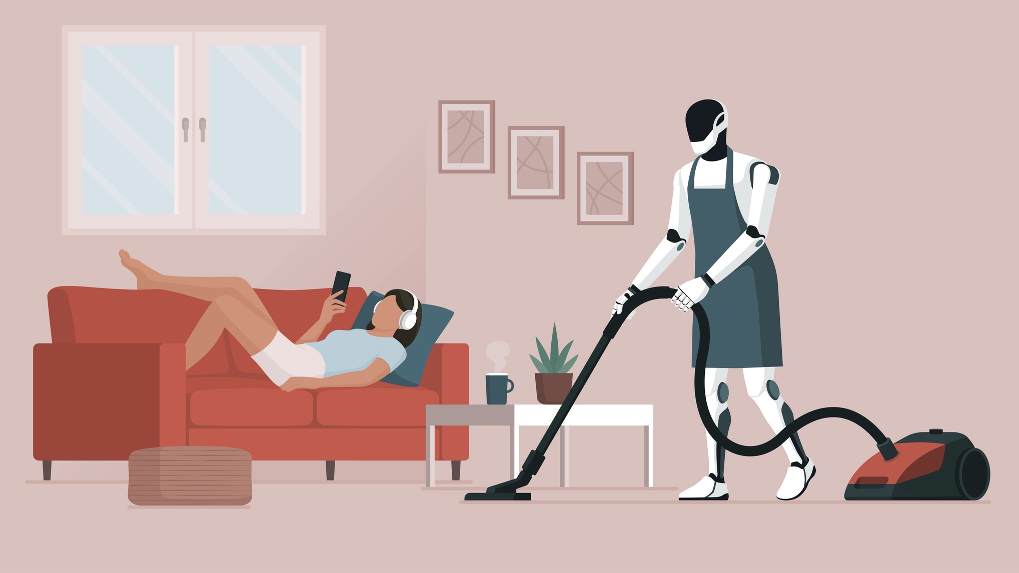 Illustration of a humanoid robot vacuuming while somebody reclines on the sofa