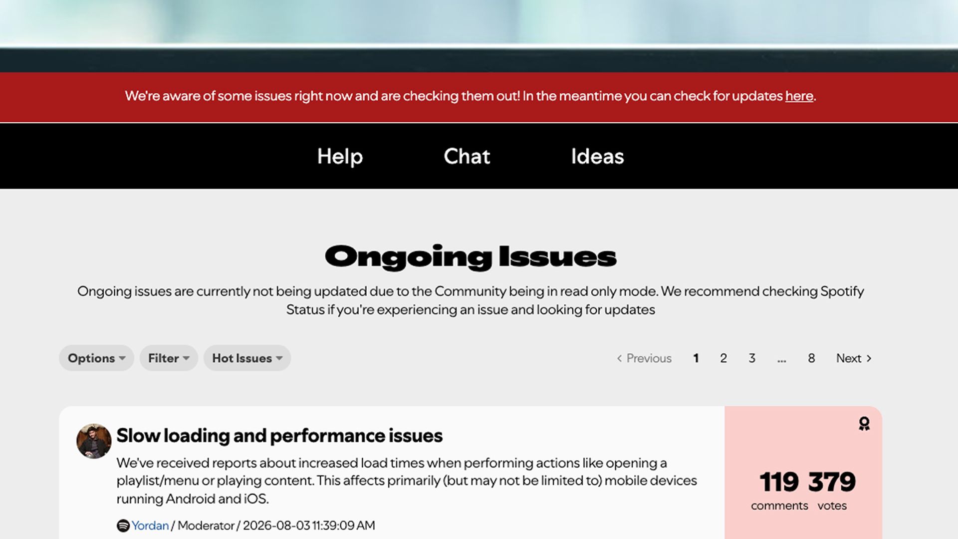 A laptop screen showing the Spotify support forum