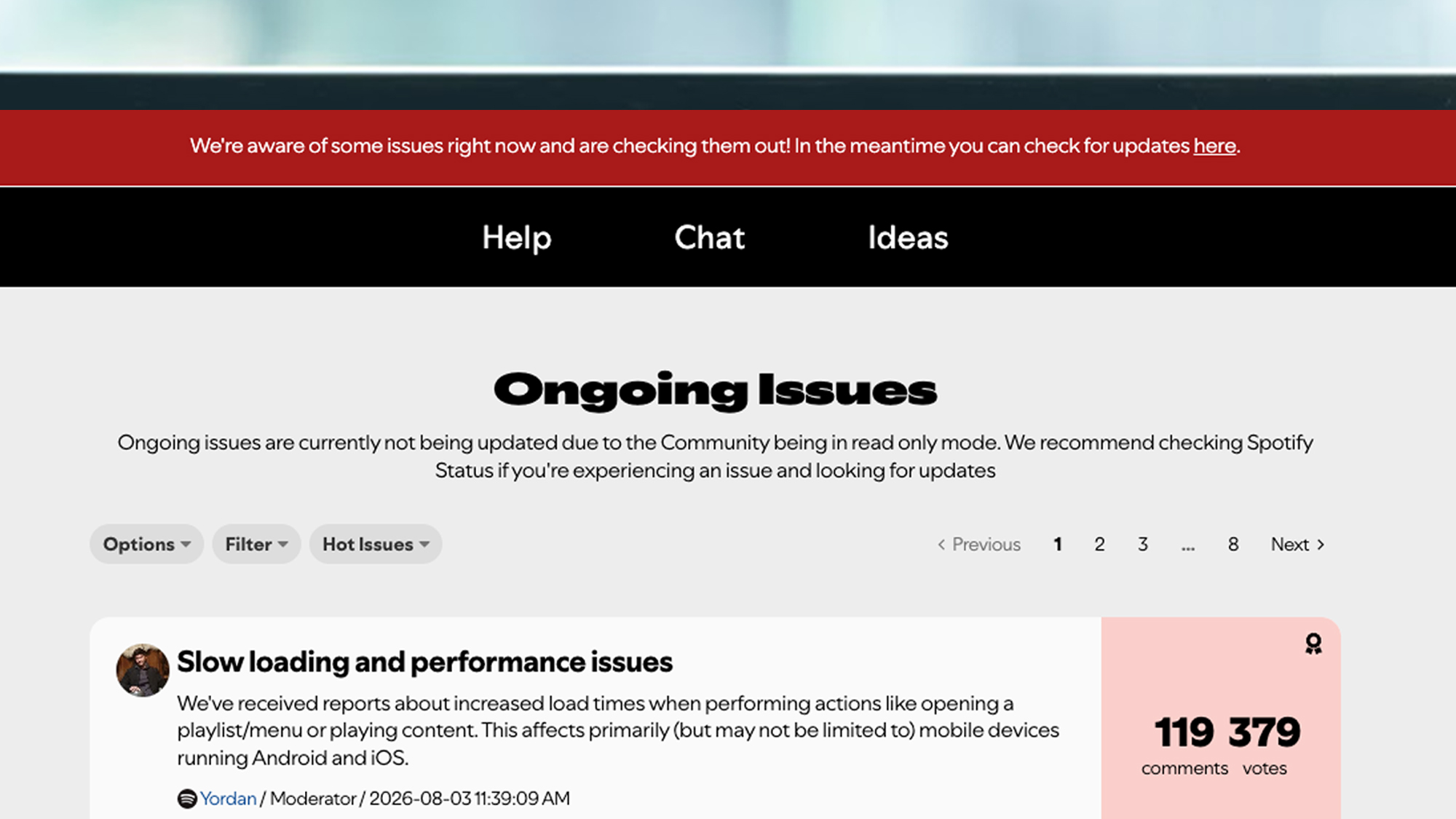 A laptop screen showing the Spotify support forum
