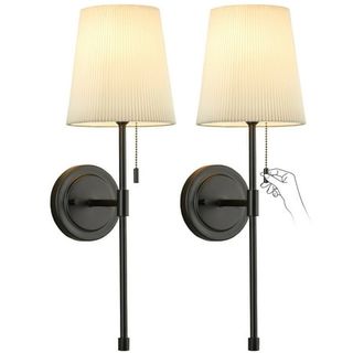 Wall Sconces Set of 2, Retro Industrial Wall Lamps With Pull Chain, Hardwired Bathroom Vanity Sconces Wall Lighting With White Fabric Shade, Indoor Wall Lights for Bedroom Living Room Corridor Kitchen