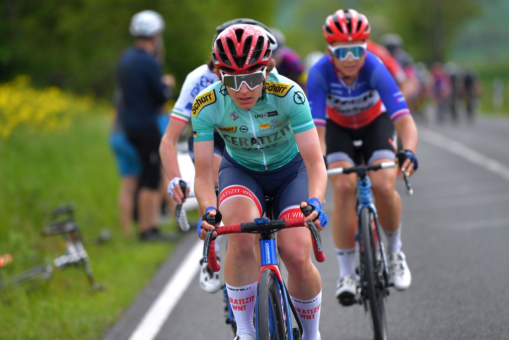 WEIMAR GERMANY MAY 29 Kathrin Hammes of Germany and Ceratizit WNT Pro Cycling Team green mountain jersey during the 34th Internationale LOTTO Thringen Ladies Tour 2021 Stage 5 a 1433km stage from Weimar to Weimar ltlt2021 lottothueringenladiestour womencycling on May 29 2021 in Weimar Germany Photo by Luc ClaessenGetty Images