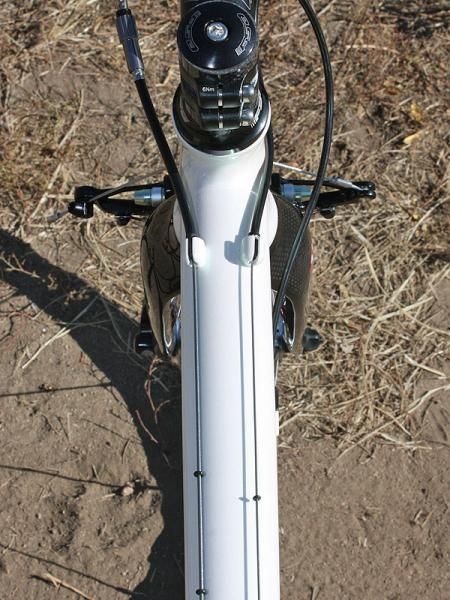 The new top tube is actually borrowed from the road-going Hellafaster and yields a front end that's noticeably more resistant to twisting than before.