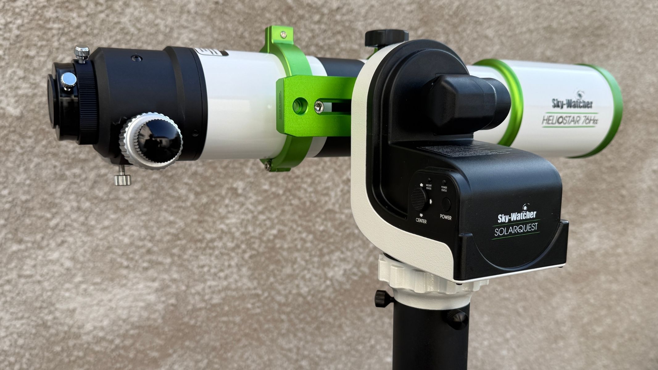 Sideview of the Sky-Watcher Heliostar 76mm H-alpha solar telescope attached to the Sky-Watcher SolarQuest mount.
