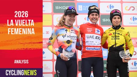 Winner of 2026 La Vuelta Femenina cycling tour of Spain, team UAE ADQ's Spanish rider Paula Blasi Cairol, second placed team SD Worx - Protime's Dutch rider Anna van der Breggen (L) and third placed Team Visma - Lease a Bike's French rider Marion Bunel (R) celebrate on the podium after the 7th stage, a 132.9 km race between Pola de Laviana and Alto de l'Angliru, on May 9, 2026. (Photo by Miguel RIOPA / AFP via Getty Images)