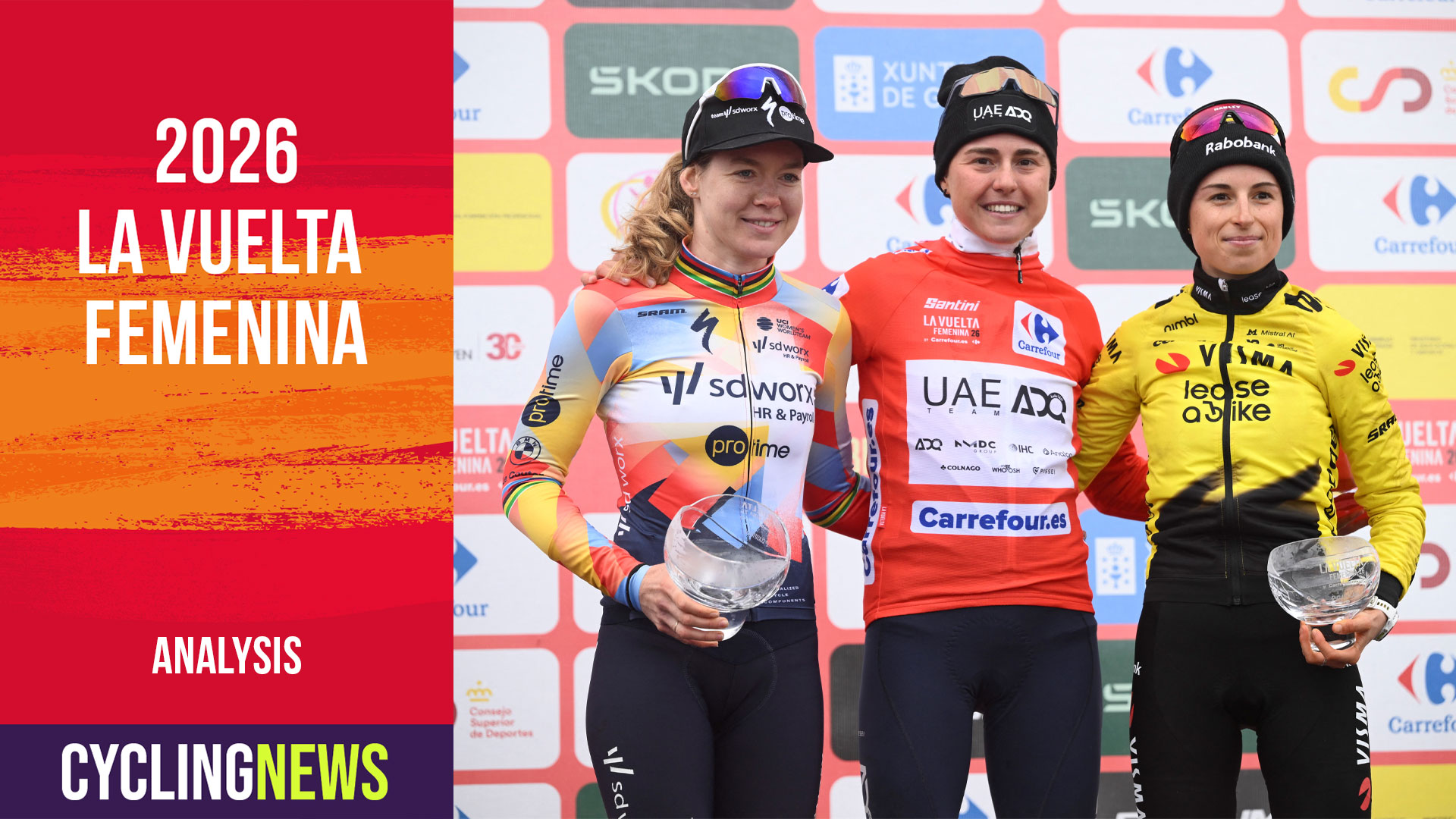 Winner of 2026 La Vuelta Femenina cycling tour of Spain, team UAE ADQ's Spanish rider Paula Blasi Cairol, second placed team SD Worx - Protime's Dutch rider Anna van der Breggen (L) and third placed Team Visma - Lease a Bike's French rider Marion Bunel (R) celebrate on the podium after the 7th stage, a 132.9 km race between Pola de Laviana and Alto de l'Angliru, on May 9, 2026. (Photo by Miguel RIOPA / AFP via Getty Images)