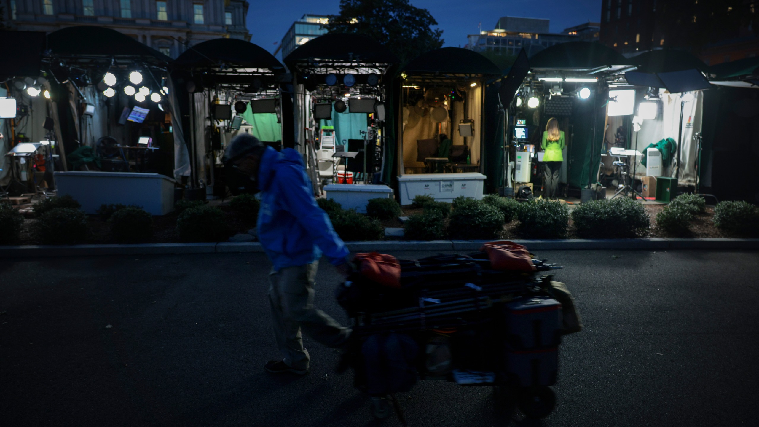 Tents belonging to CNN and MS NOW remain dark and unoccupied early on September 24, 2026 in Washington, DC.