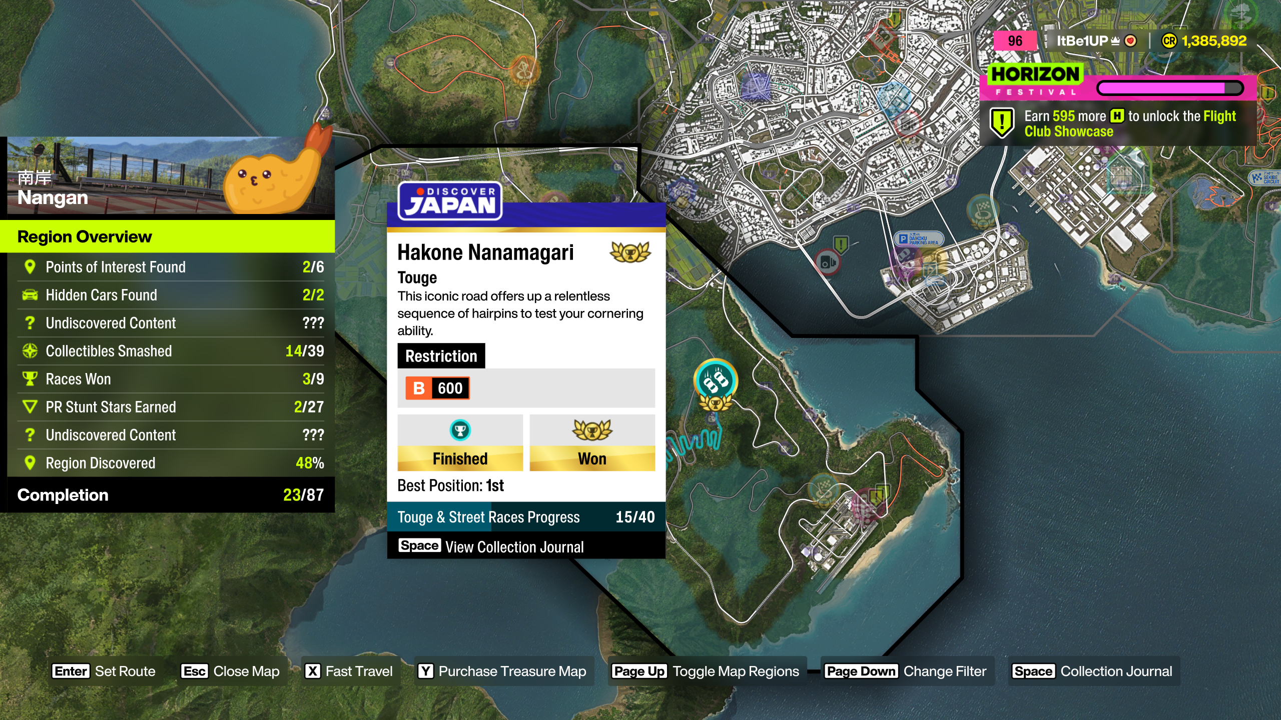 Forza Horizon 6 Hakone Nanamagari: A map of the Nangan region showing the location of the Hakone Nanamagari touge race.