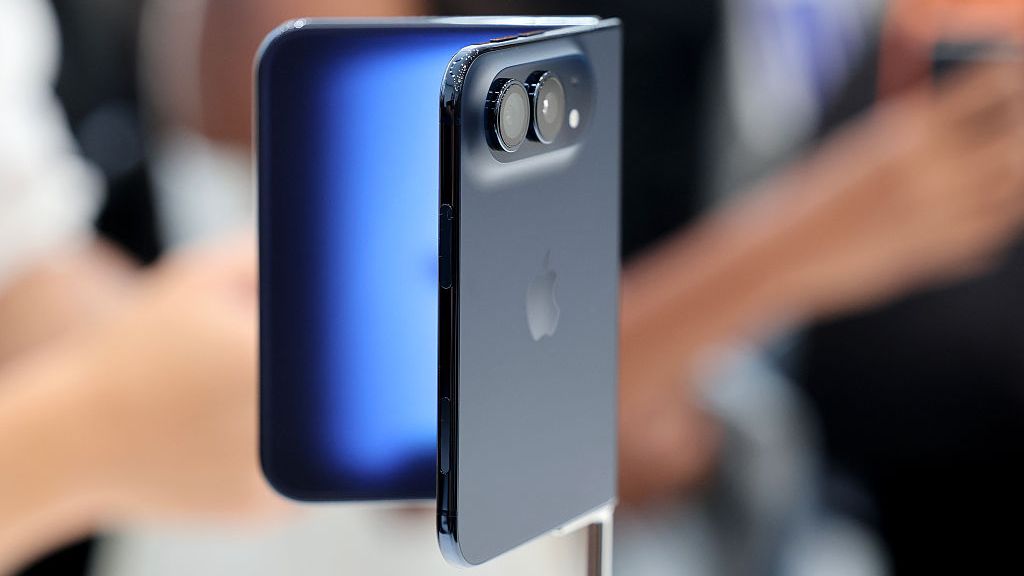 A partially unfolded iPhone Duo on display
